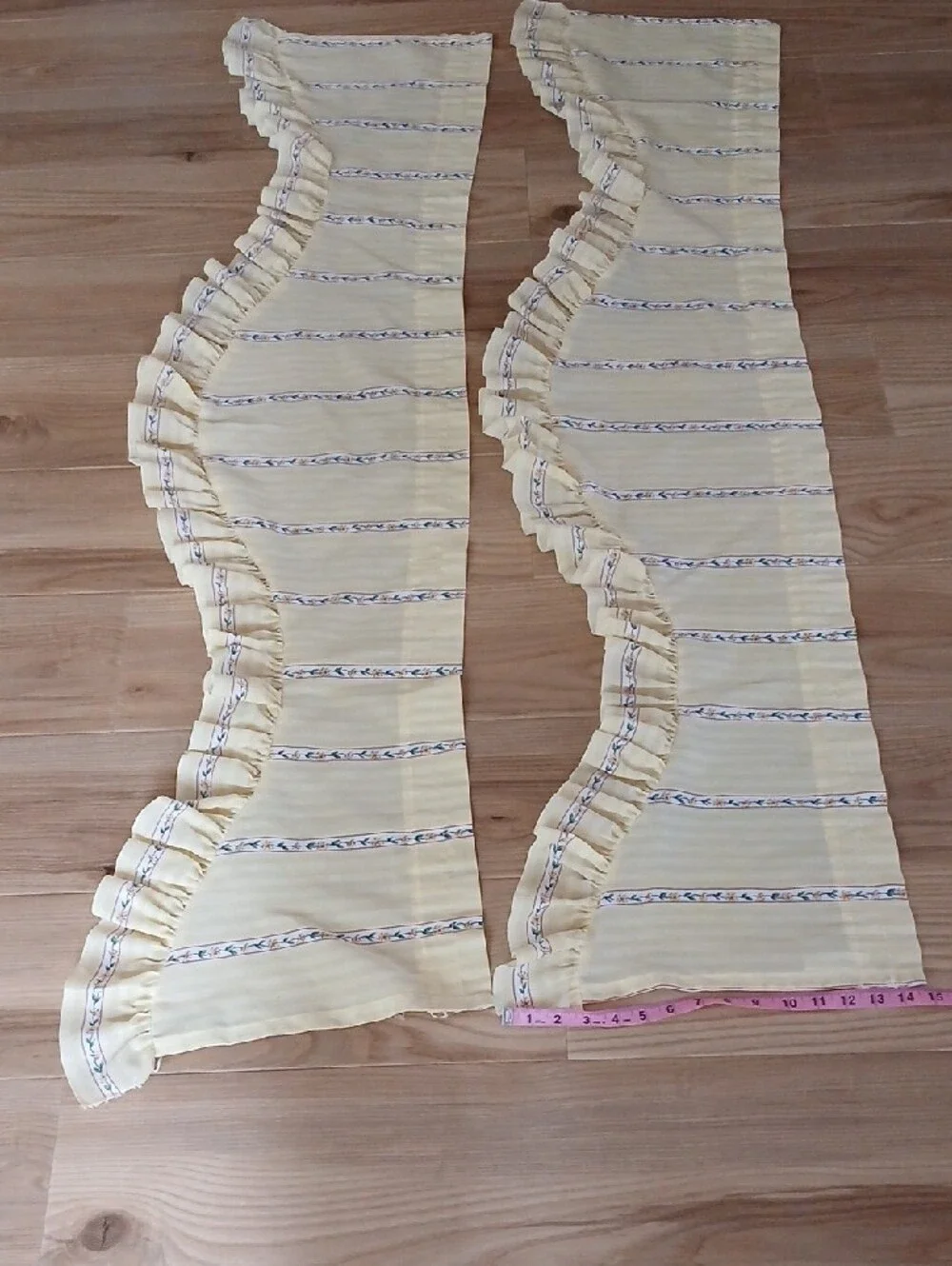 Pair Vintage Yellow Floral Stripe Window Valance Curtains Ruffled Hem